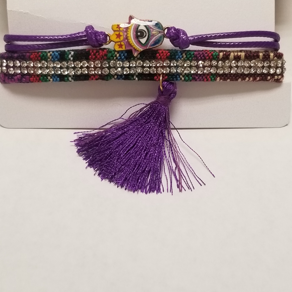 330 Hamsa Hand Evil Eye Protection Purple Bracelet With Rhinestone New 15$